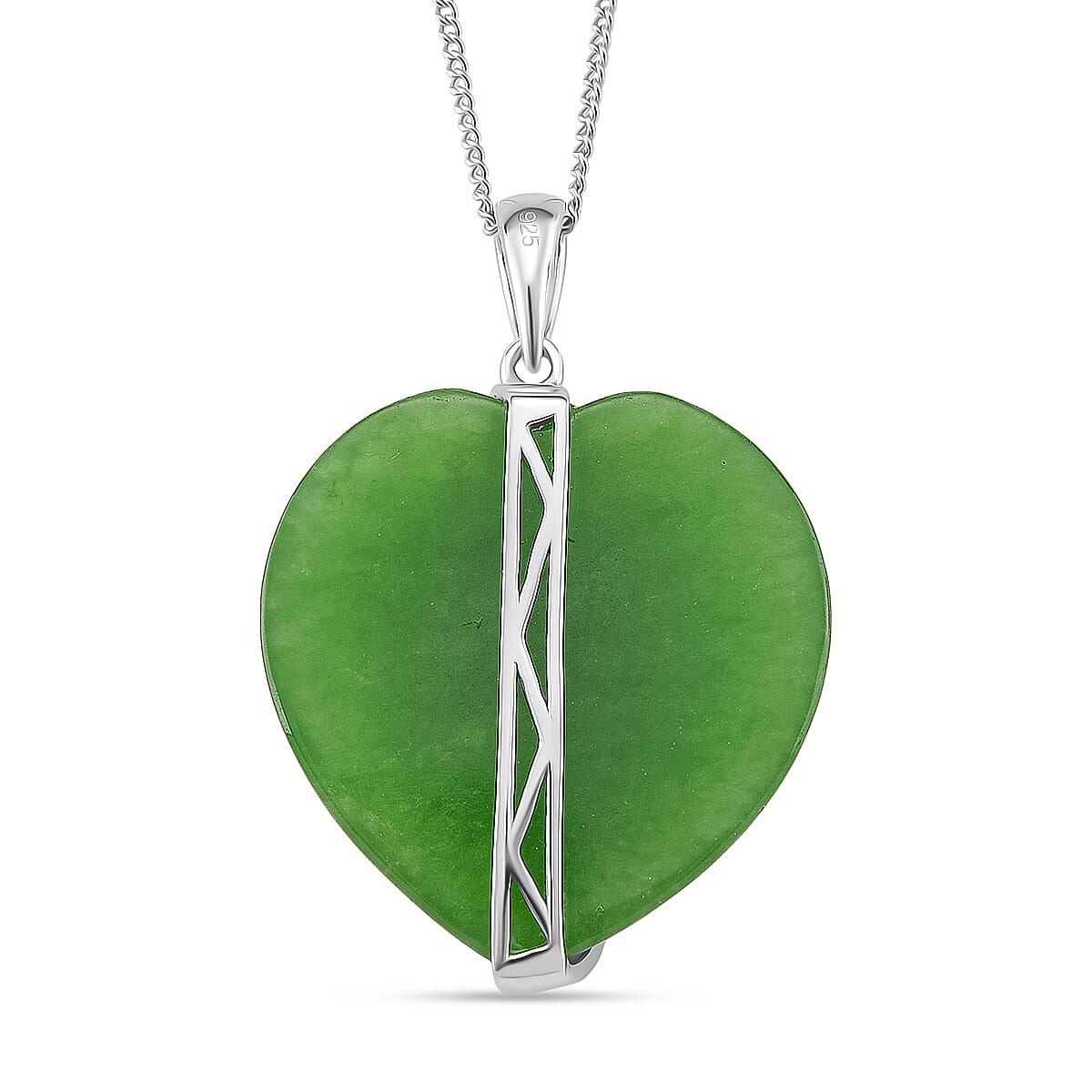 Enhanced Green Jade and Moissanite Heart Pendant with Chain (Size 18) with Lobster Clasp in Rhodium Overlay Sterling Silver 67.70 Ct. 4379132 4
