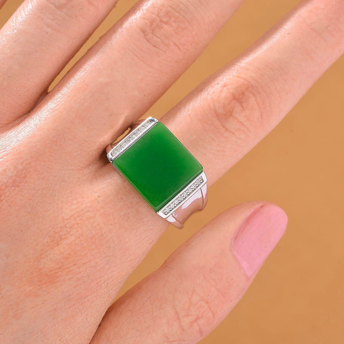 Enhanced Green Jade and Moissanite Solitaire Ring in Rhodium Overlay Sterling Silver 8147684 2