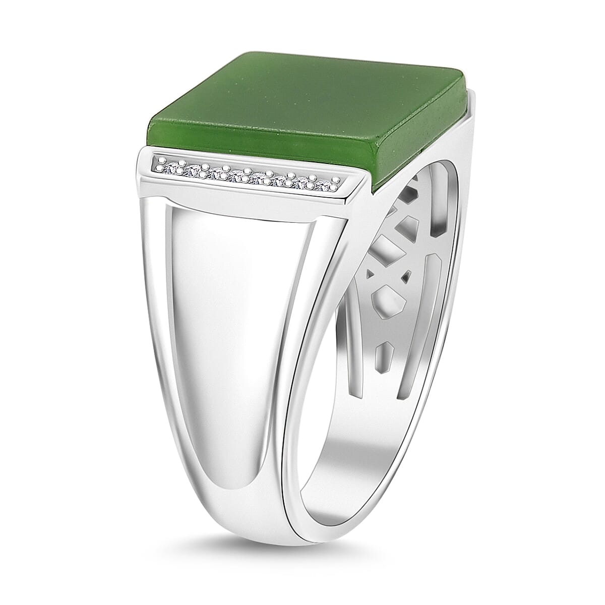 Enhanced Green Jade and Moissanite Solitaire Ring in Rhodium Overlay Sterling Silver 8147684 3
