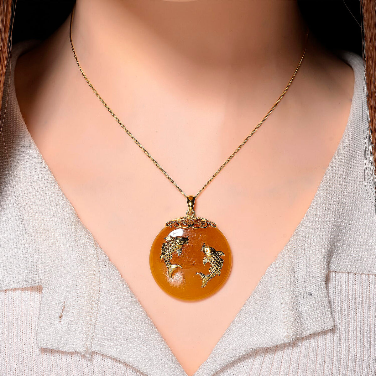 D'Joy Honey Jade Fish Pendant with Chain (Size 18) in Yellow Gold Plated Sterling Silver 73.50 Ct, Silver Wt. 5.00 Gms. V32667754 5