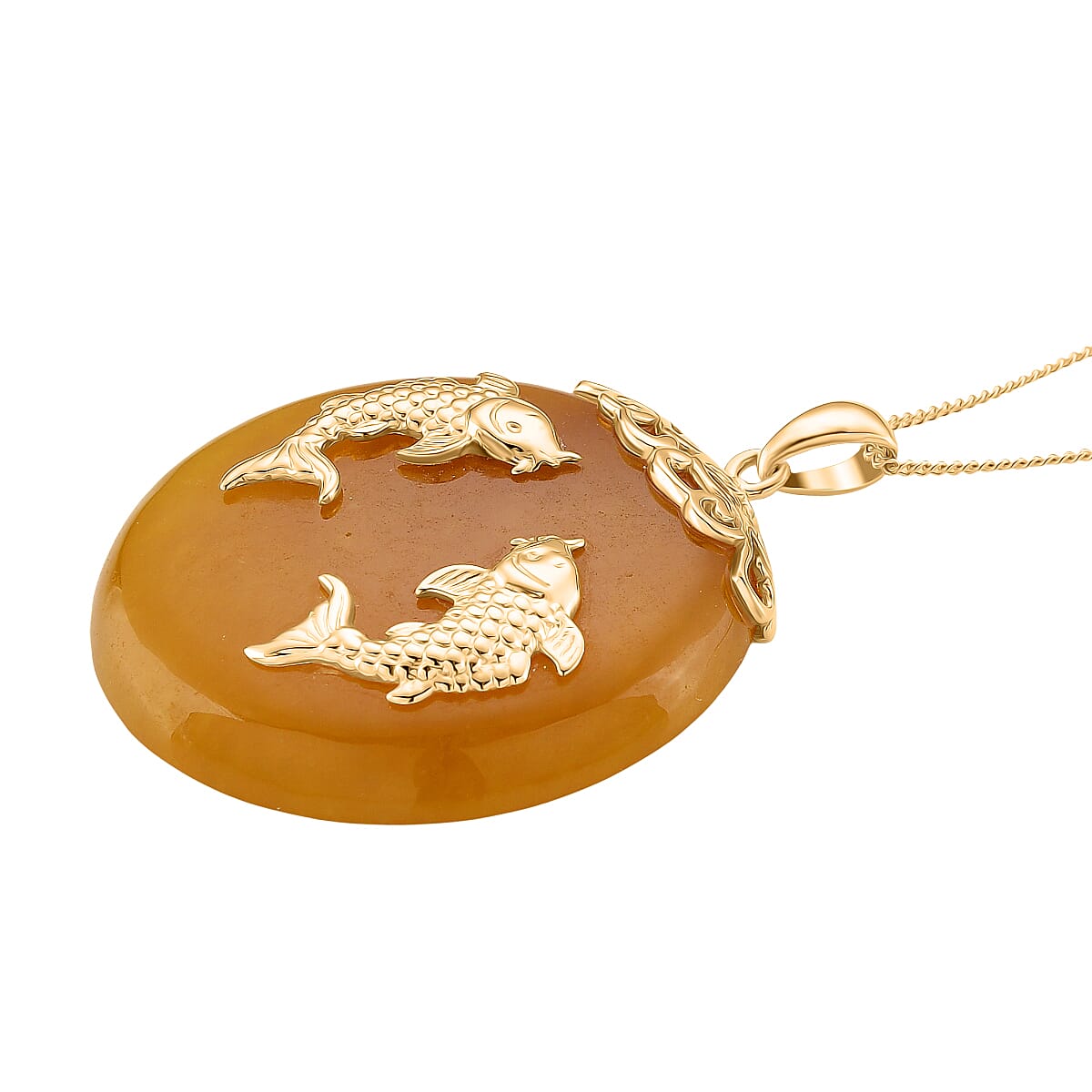 D'Joy Honey Jade Fish Pendant with Chain (Size 18) in Yellow Gold Plated Sterling Silver 73.50 Ct, Silver Wt. 5.00 Gms. V32667754 7