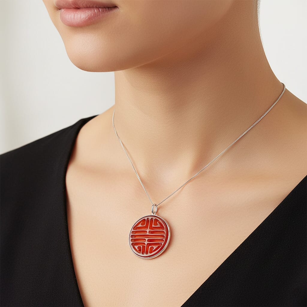 Enhanced Red Jade Longevity Symbol Pendant with Chain (Size 18) in Rhodium Overlay Sterling Silver 20.00 Ct. V32519820 3
