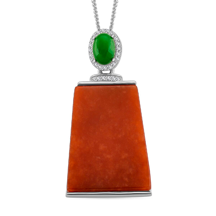 D'Joy Enhanced Red Jade, Dyed Green Jade &amp; White Zircon Pendant with Chain (Size 18) in Rhodium Overlay Sterling Silver 19.35 Ct. 4420206 1