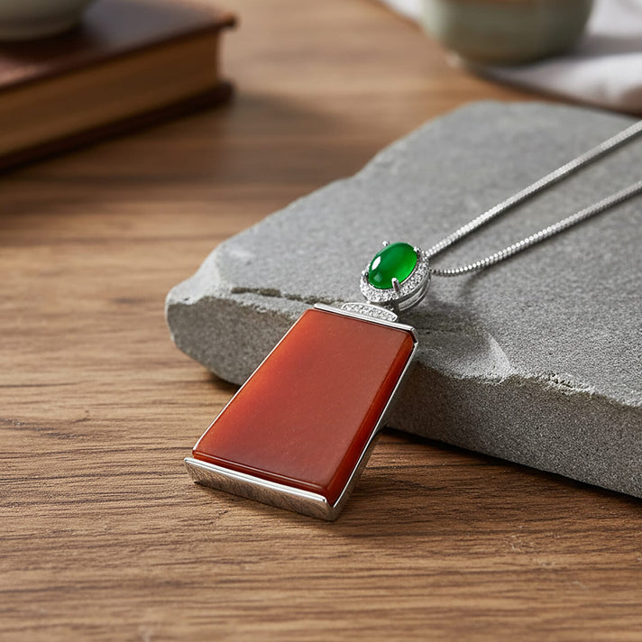 D'Joy Enhanced Red Jade, Dyed Green Jade &amp; White Zircon Pendant with Chain (Size 18) in Rhodium Overlay Sterling Silver 19.35 Ct. 4420206 2