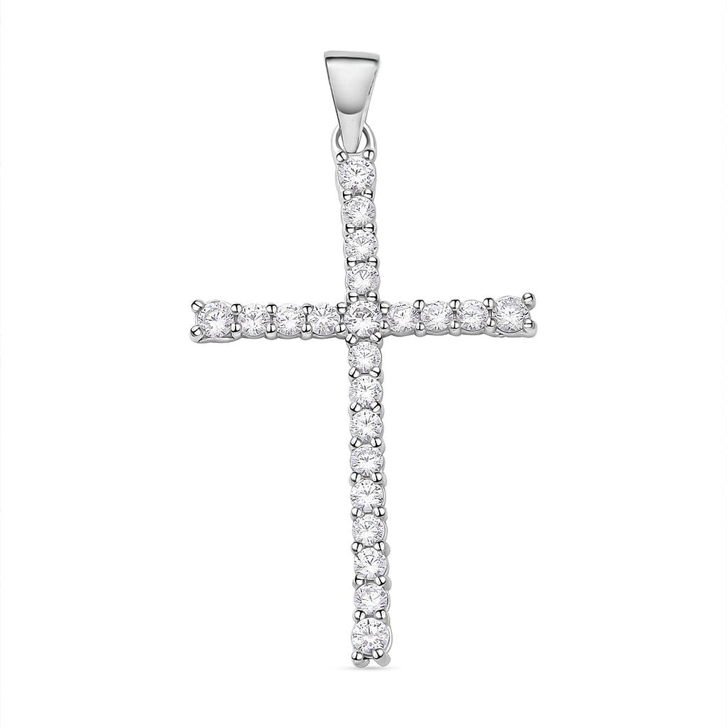ELANZA Simulated Diamond Cross Pendant in Rhodium Overlay Sterling Silver