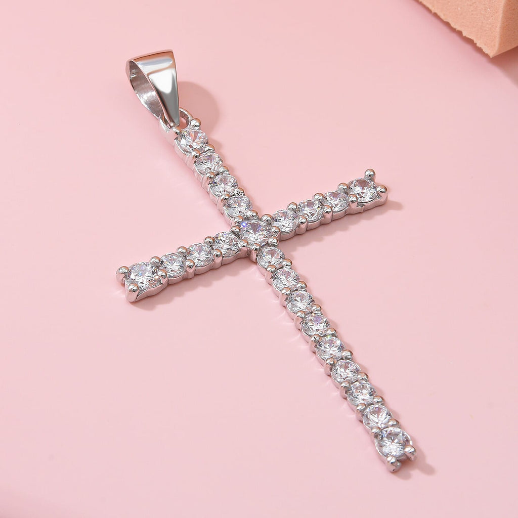 ELANZA Simulated Diamond Cross Pendant in Rhodium Overlay Sterling Silver