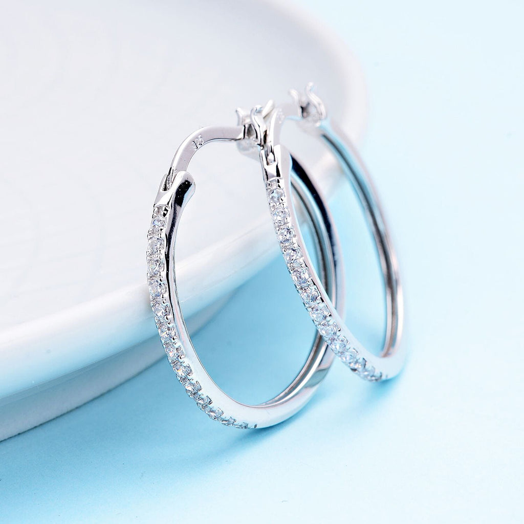 ELANZA Simulated Diamond Hoop Earrings(With Clasp) in Rhodium Overlay Sterling Silver
