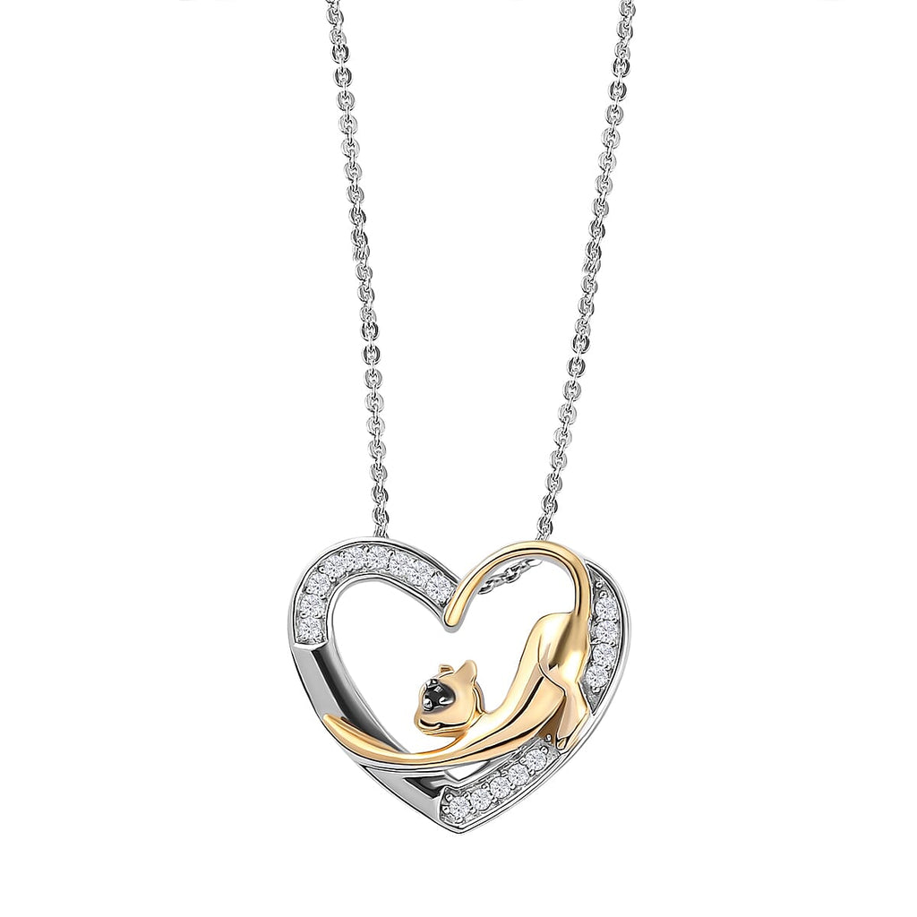 ELANZA Simulated Diamond and Simulated Black Spinel Heart Pendant( With Chain 20 Inch) in Two Tone Platinum And Yellow Gold Overlay Sterling Silver