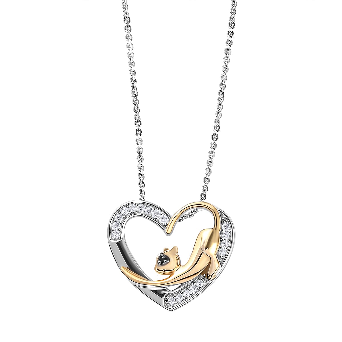 ELANZA Simulated Diamond and Simulated Black Spinel Heart Pendant( With Chain 20 Inch) in Two Tone Platinum And Yellow Gold Overlay Sterling Silver 4082120 0