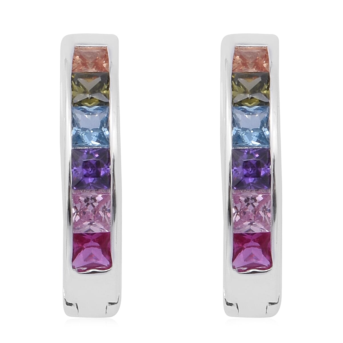 Multi Colour Rainbow Cubic Zirconia Hoop Earrings (with Clasp) in Rhodium Overlay Sterling Silver 6489246 0