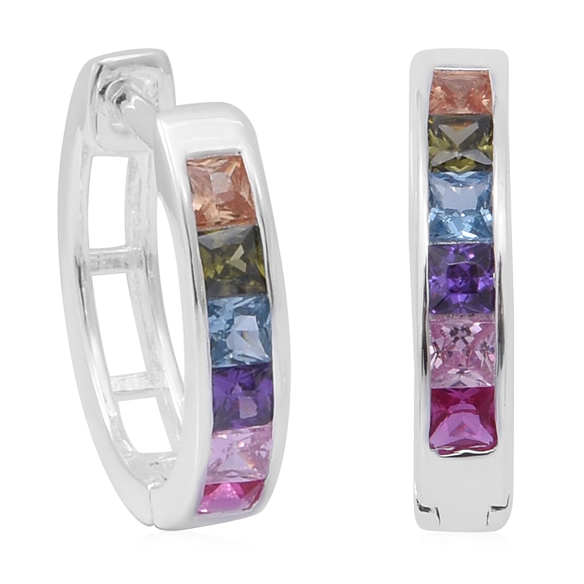 Multi Colour Rainbow Cubic Zirconia Hoop Earrings (with Clasp) in Rhodium Overlay Sterling Silver 6489246 2