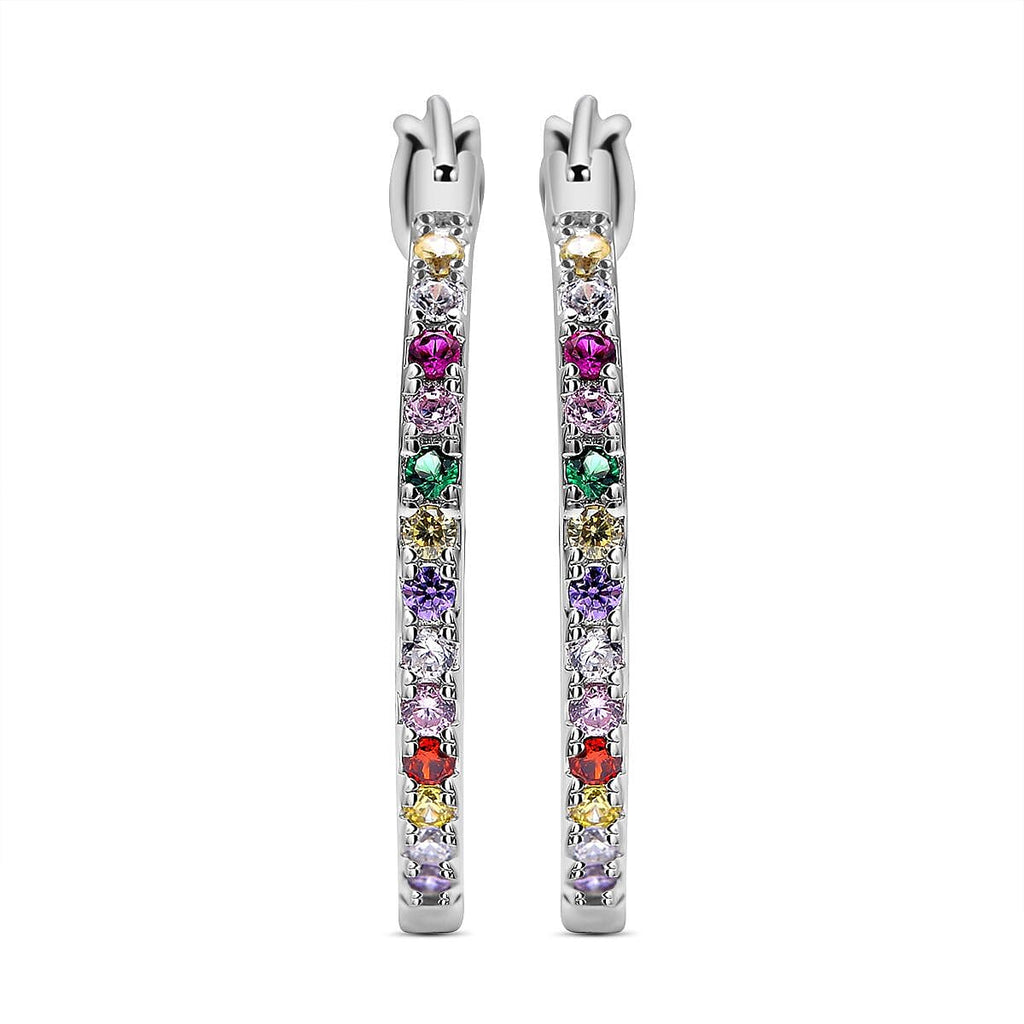 ELANZA Simulated Multi Diamond Hoop Earrings (With Clasp) in Rhodium Overlay Sterling Silver