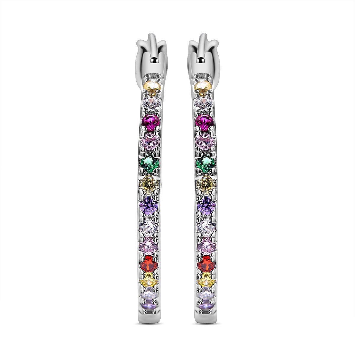 ELANZA Simulated Multi Diamond Hoop Earrings (With Clasp) in Rhodium Overlay Sterling Silver 7013329 0