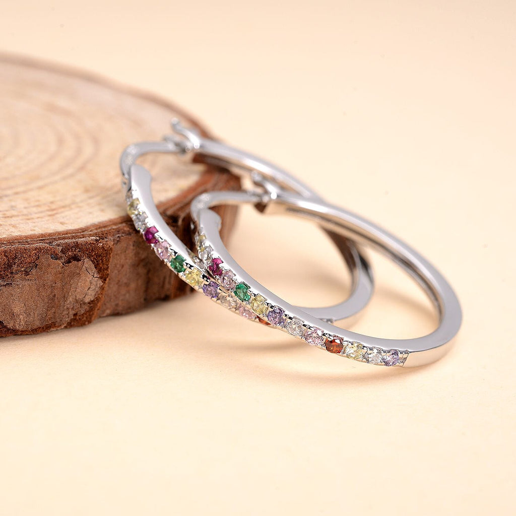 ELANZA Simulated Multi Diamond Hoop Earrings (With Clasp) in Rhodium Overlay Sterling Silver