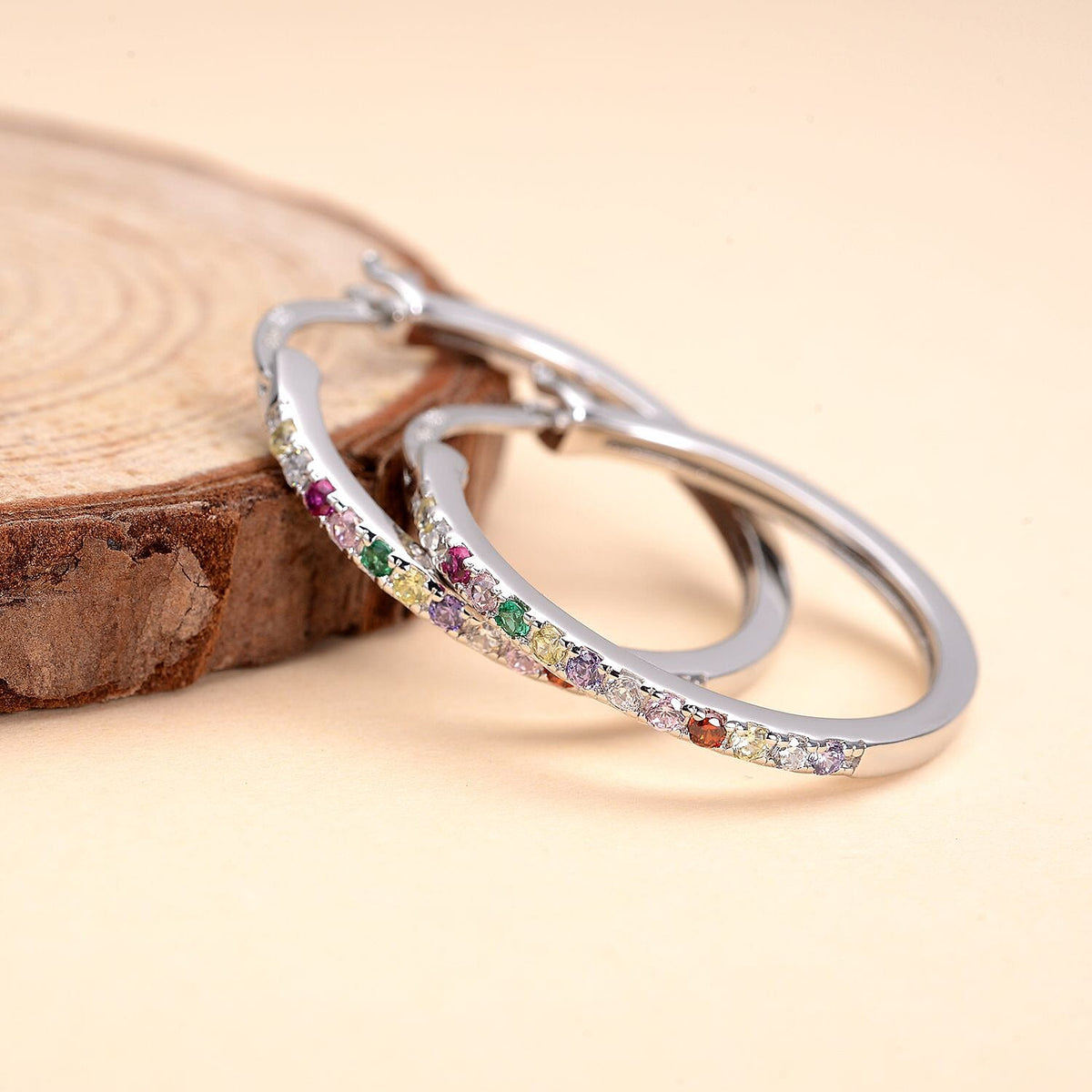 ELANZA Simulated Multi Diamond Hoop Earrings (With Clasp) in Rhodium Overlay Sterling Silver 7013329 2