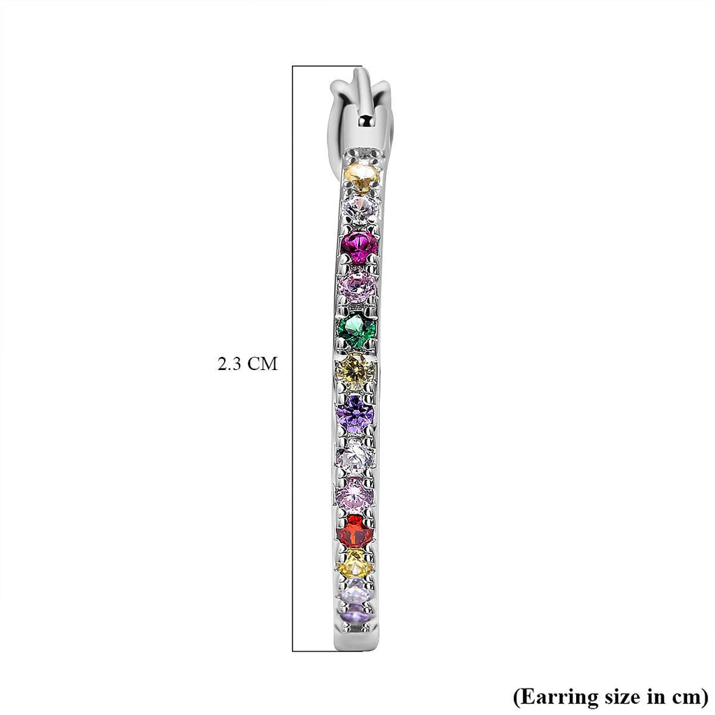 ELANZA Simulated Multi Diamond Hoop Earrings (With Clasp) in Rhodium Overlay Sterling Silver