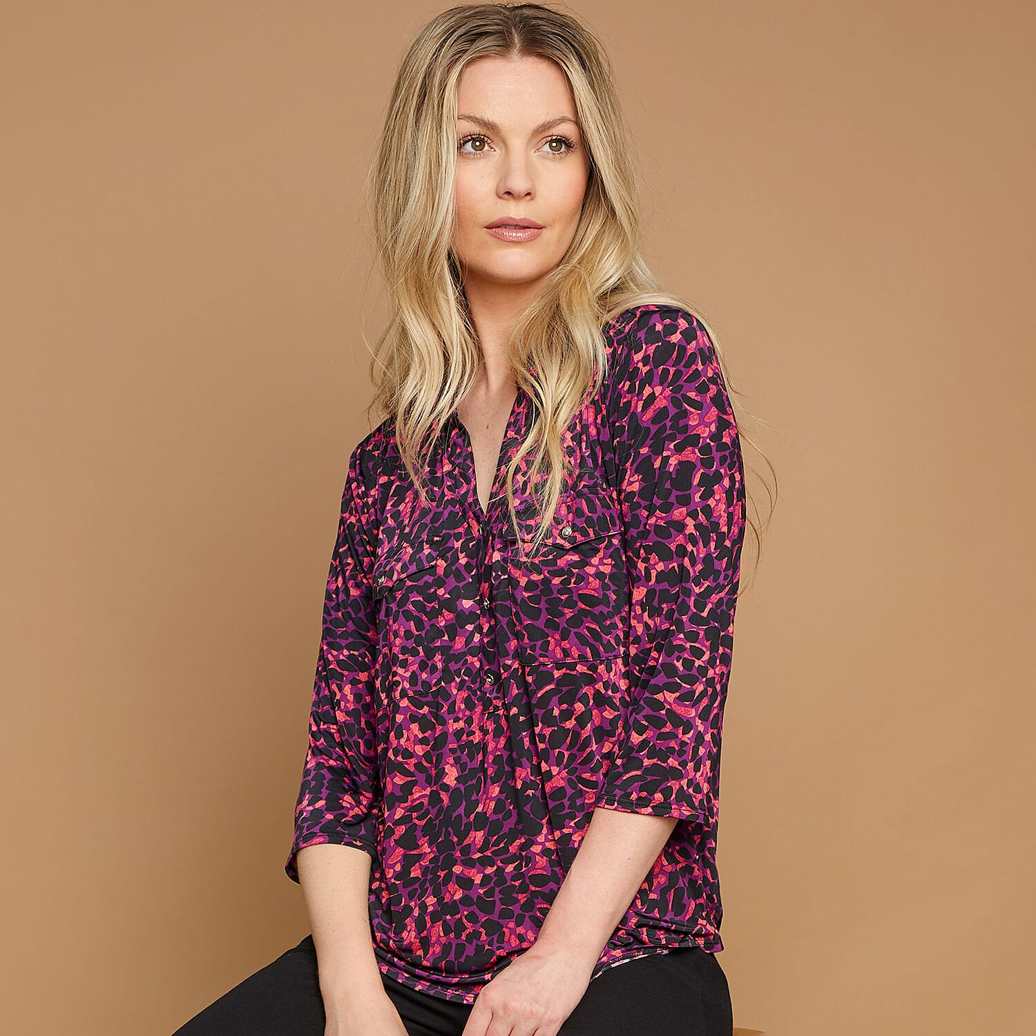 EMRECO Animal Print Jersey Mandarin Collar Blouse with Long Sleeves (Size 18) - Pink 7211741 3