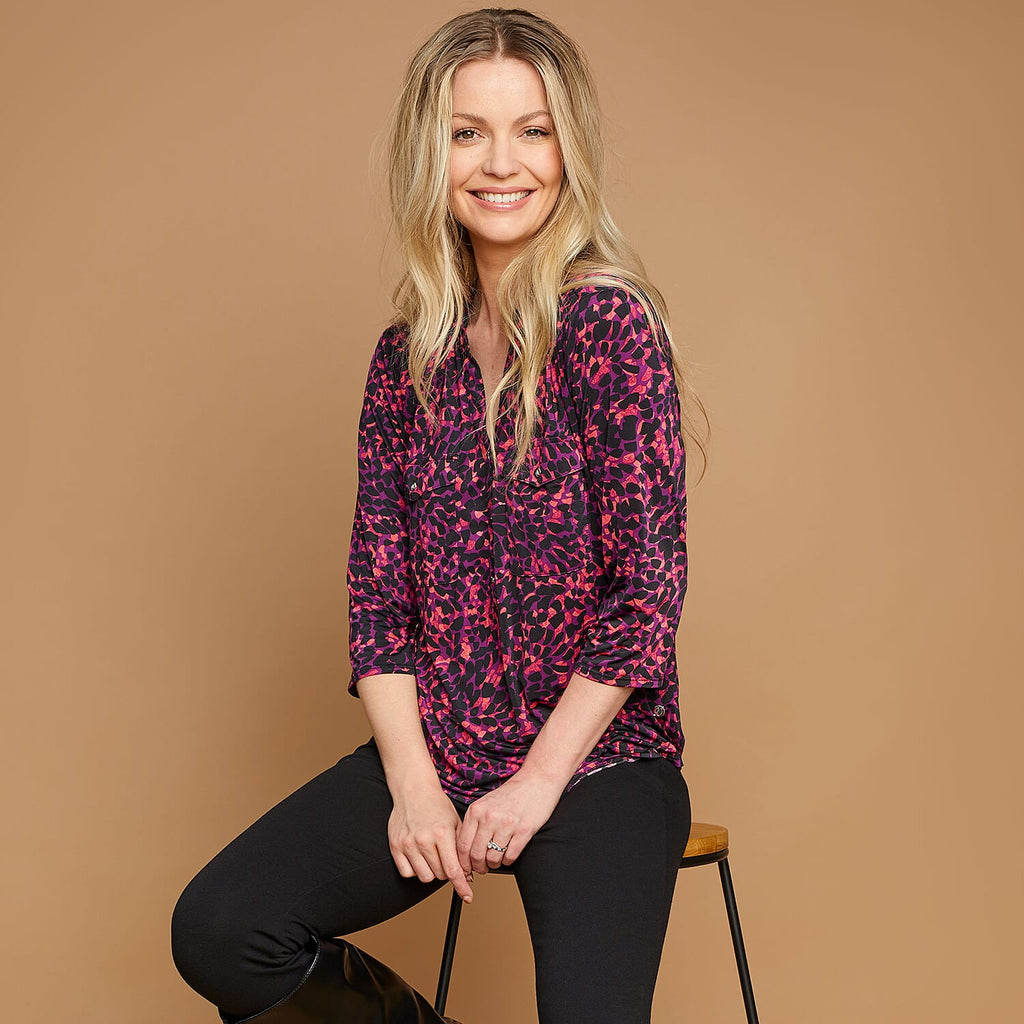 EMRECO Animal Print Jersey Mandarin Collar Blouse with Long Sleeves (Size 18) - Pink