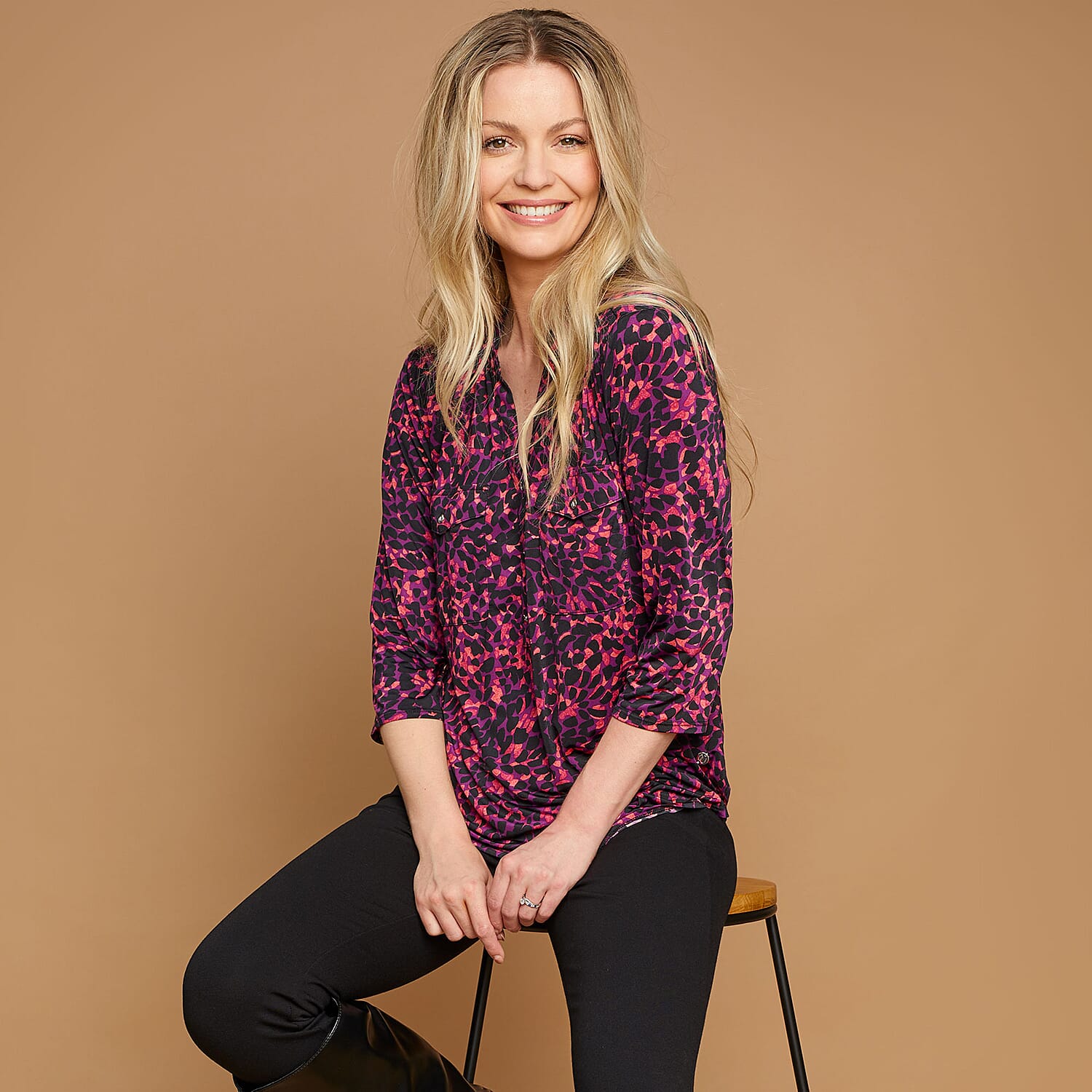 EMRECO Animal Print Jersey Mandarin Collar Blouse with Long Sleeves (Size 18) - Pink 7211741 4