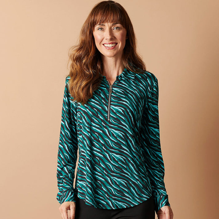 EMRECO Animal Print Zip Front Blouse - Turquoise 7211730 2