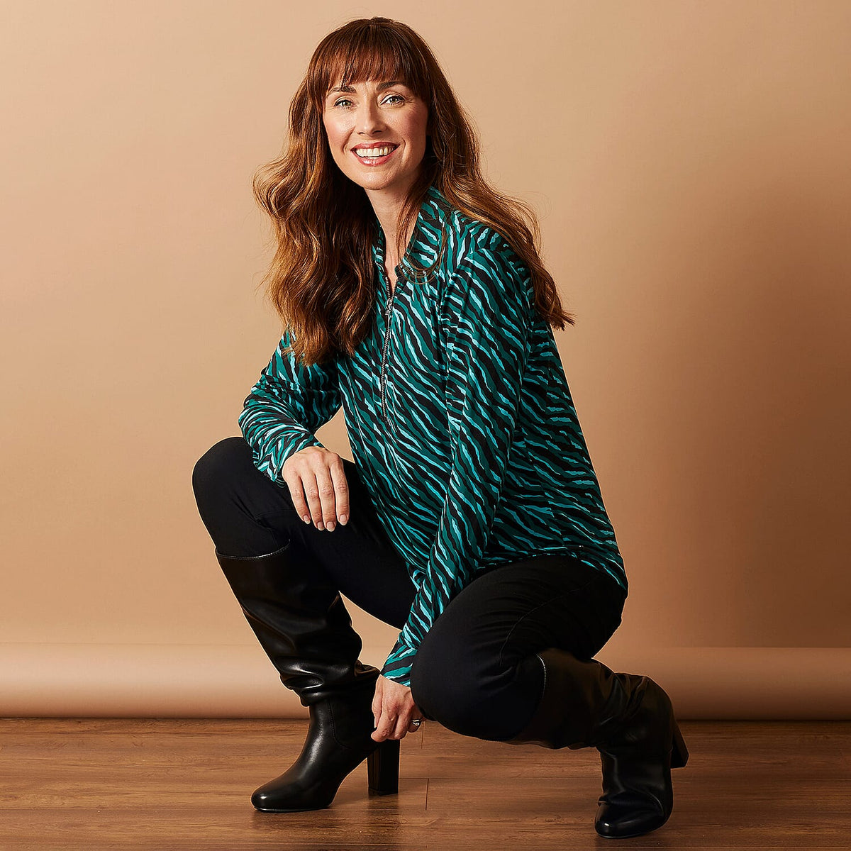 EMRECO Animal Print Zip Front Blouse - Turquoise 7211730 3