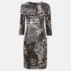 Emreco Animal Pattern Midi Dress with Two Functional Front Pockets and 3qtr Sleeves (Size 16) - Beige