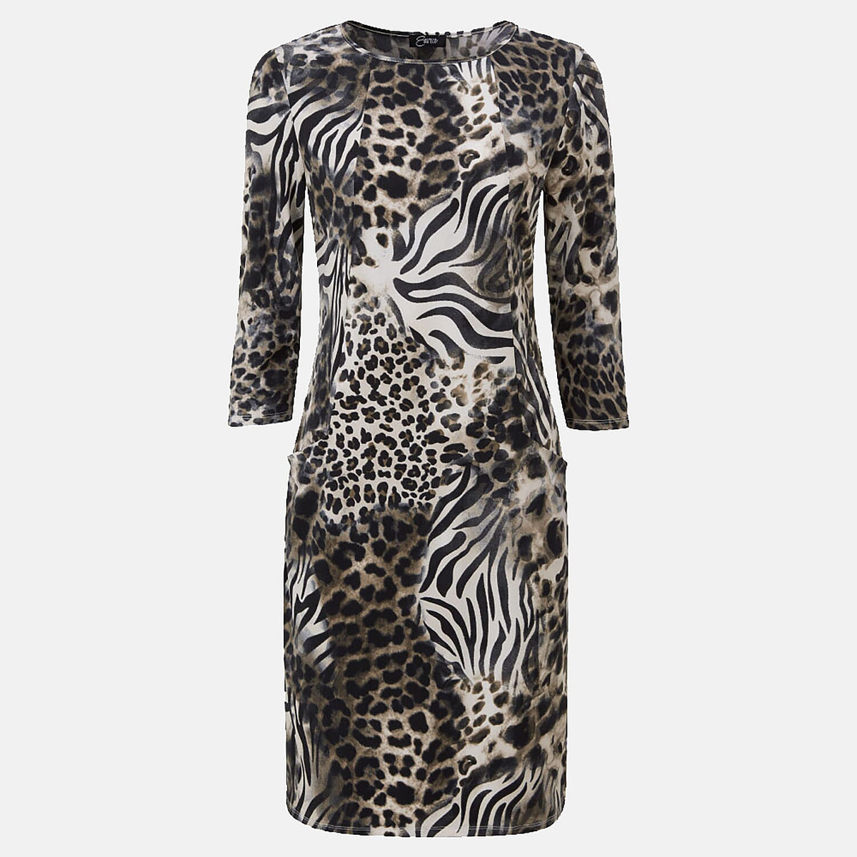 Emreco Animal Pattern Midi Dress with Two Functional Front Pockets and 3qtr Sleeves (Size 12) - Beige 7255511 0