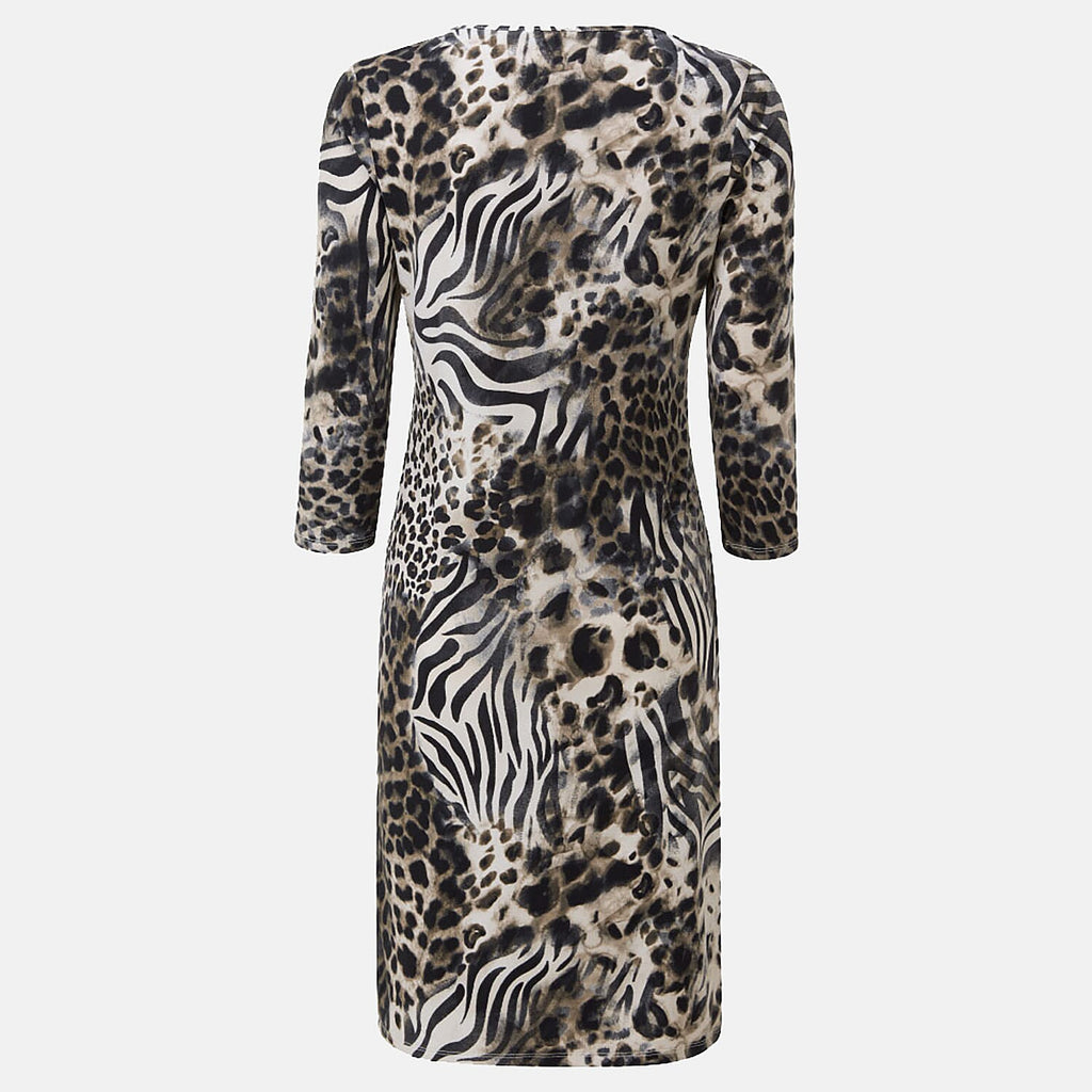 Emreco Animal Pattern Midi Dress with Two Functional Front Pockets and 3qtr Sleeves (Size 16) - Beige