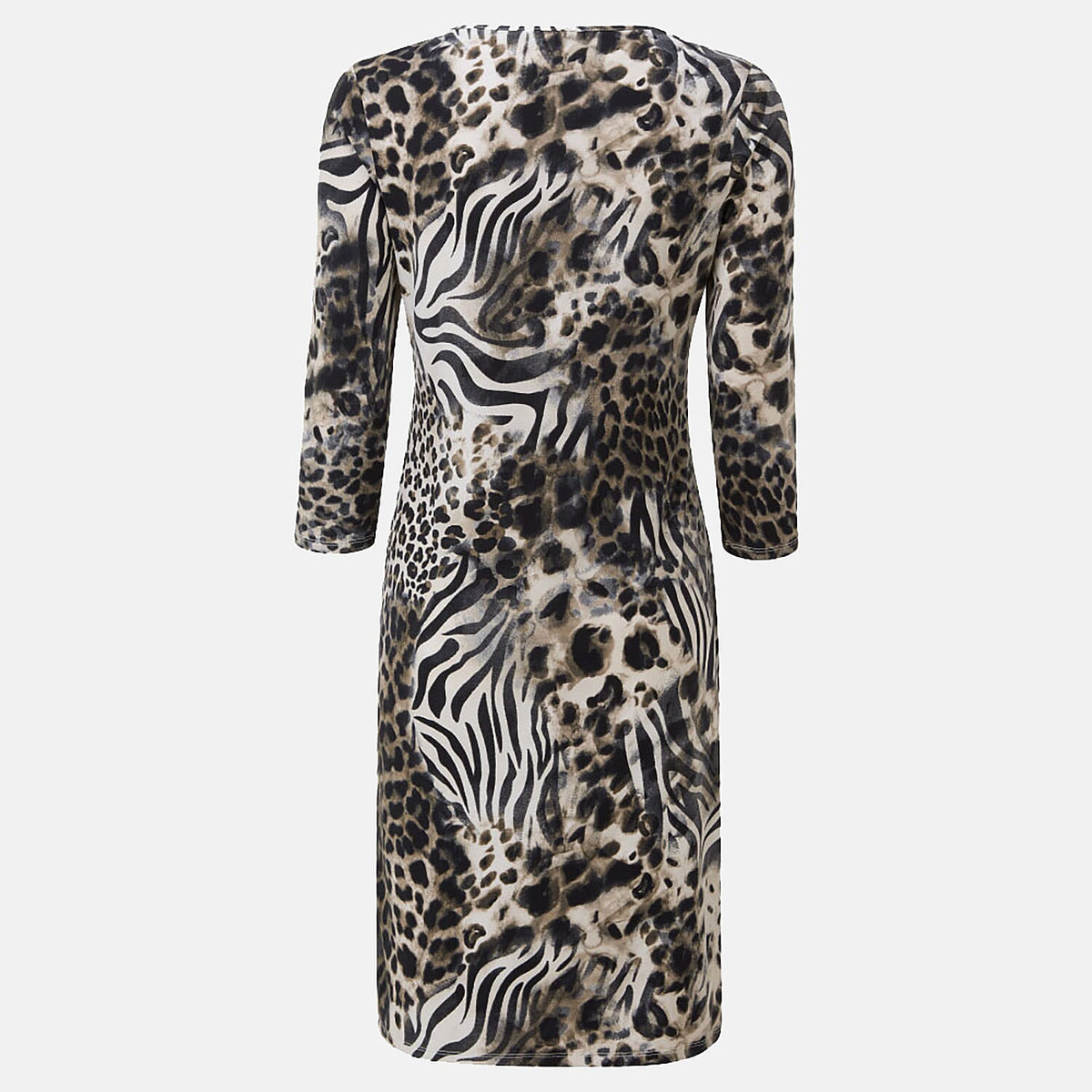 Emreco Animal Pattern Midi Dress with Two Functional Front Pockets and 3qtr Sleeves (Size 12) - Beige 7255511 1