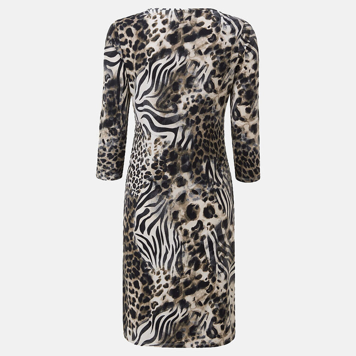 Emreco Animal Pattern Midi Dress with Two Functional Front Pockets and 3qtr Sleeves (Size 12) - Beige 7255511 2