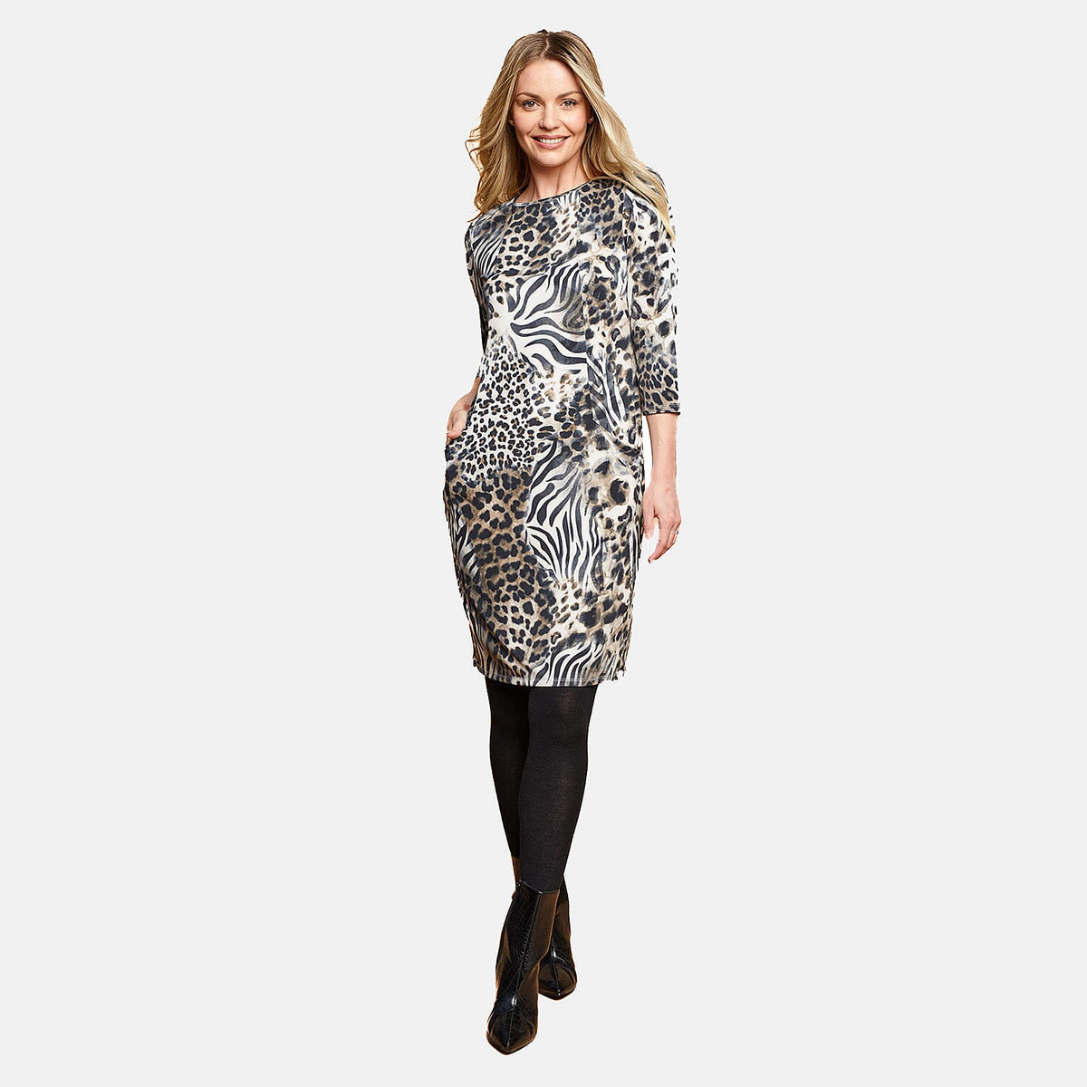 Emreco Animal Pattern Midi Dress with Two Functional Front Pockets and 3qtr Sleeves (Size 12) - Beige 7255511 2