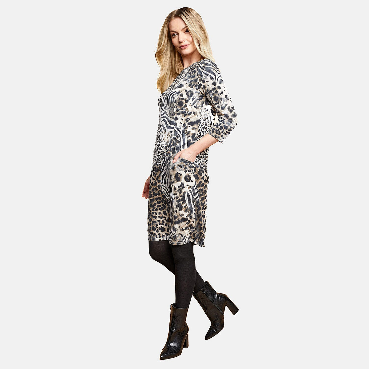 Emreco Animal Pattern Midi Dress with Two Functional Front Pockets and 3qtr Sleeves (Size 12) - Beige 7255511 3
