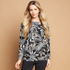 EMRECO Oversized Leaf Print Top with Long Sleeves (Size 18) - Black & Multi