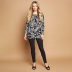 EMRECO Oversized Leaf Print Top with Long Sleeves (Size 18) - Black & Multi