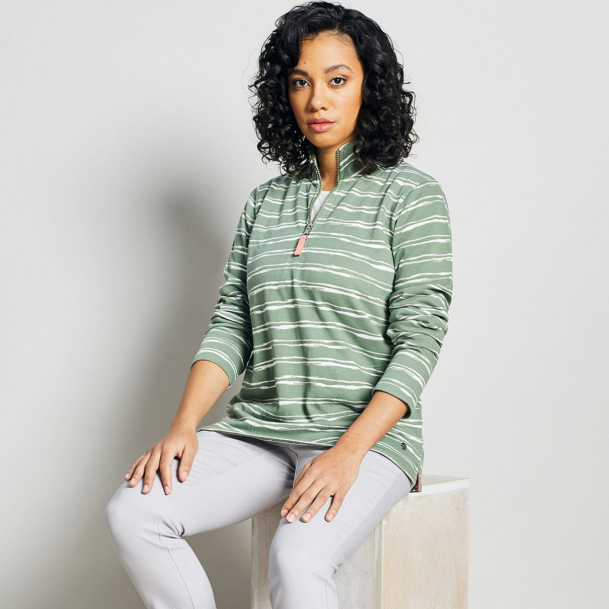 EMRECO Striped Half EMRECO Zip Sweatshirt with Long Sleeves (Size 10) - Khaki 7212761 3