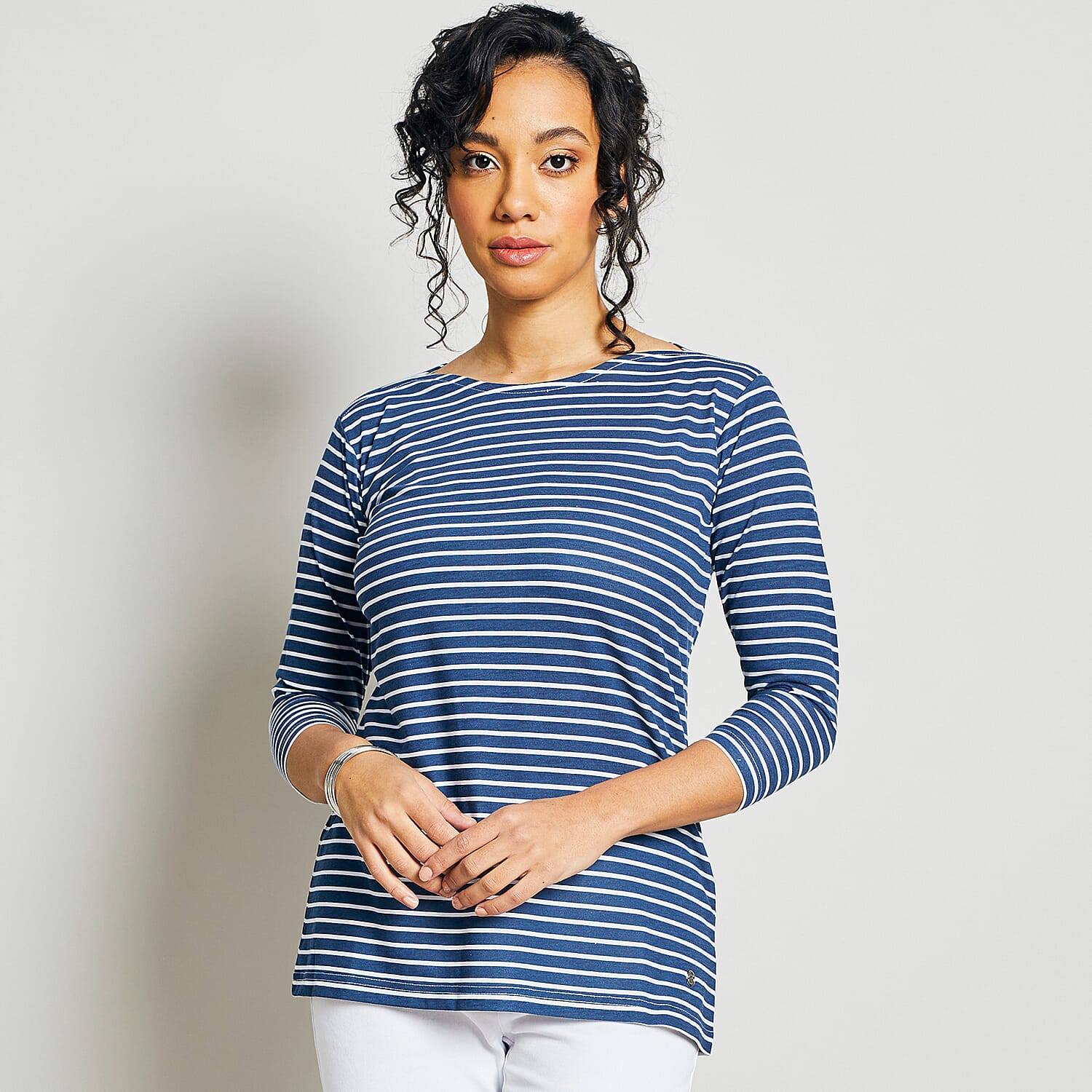 EMRECO Striped Pattern Boat-Neck Women's Top UK10- Navy and White 8953980 1