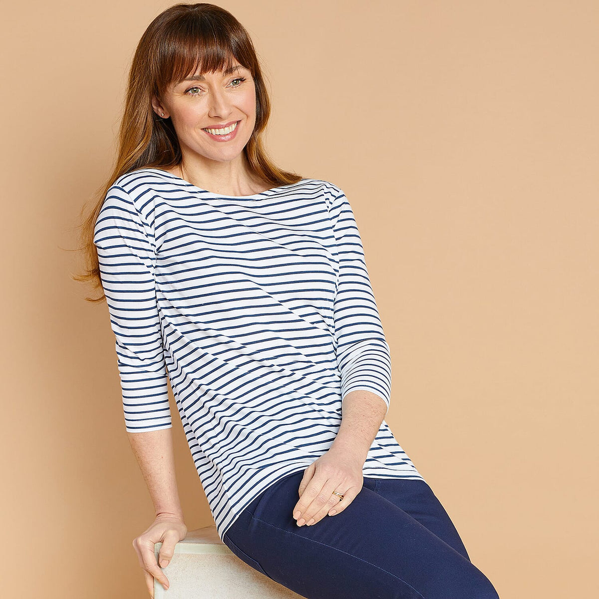 EMRECO Striped Pattern Women's Three-Quarter Sleeves Top - White and Navy 8953998 1