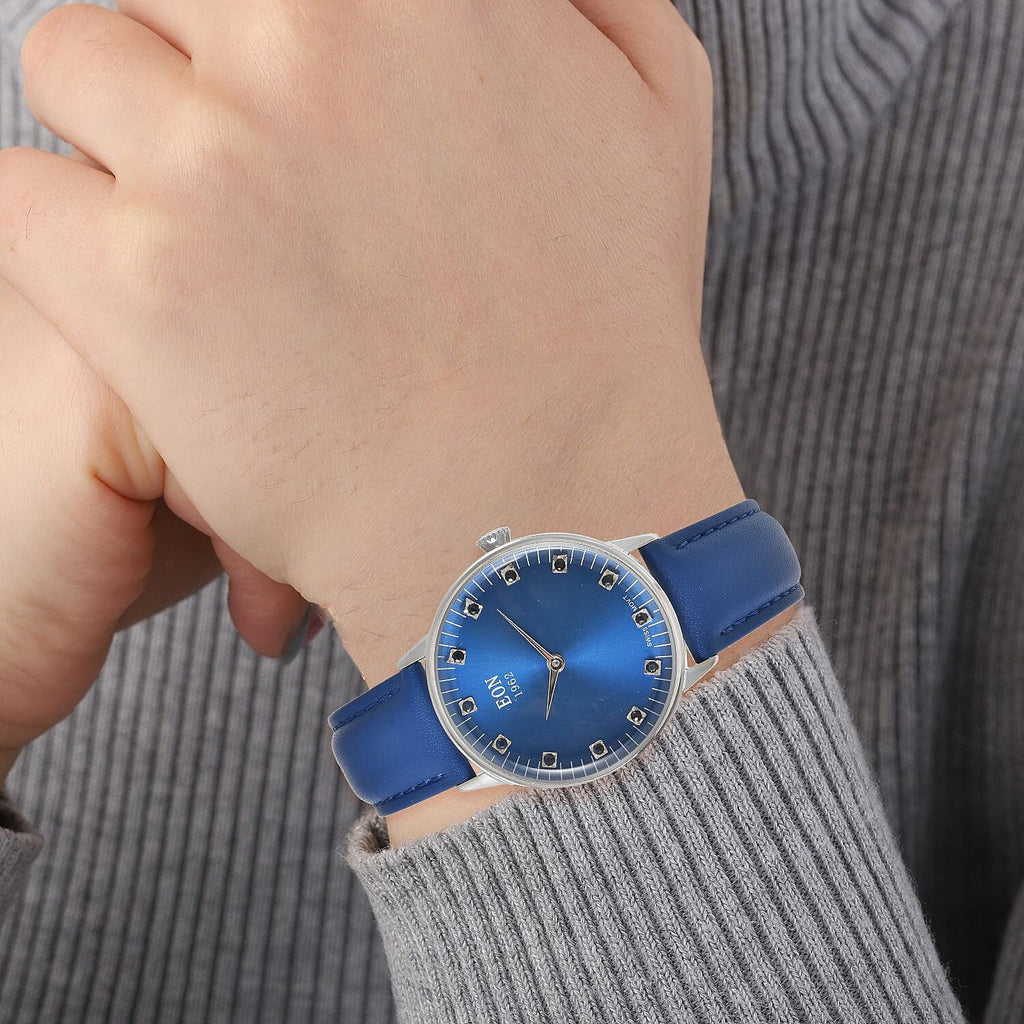 EON 1962 Swiss Movement Blue Sapphire 5 ATM Water Resistant Watch with Blue Leather Strap
