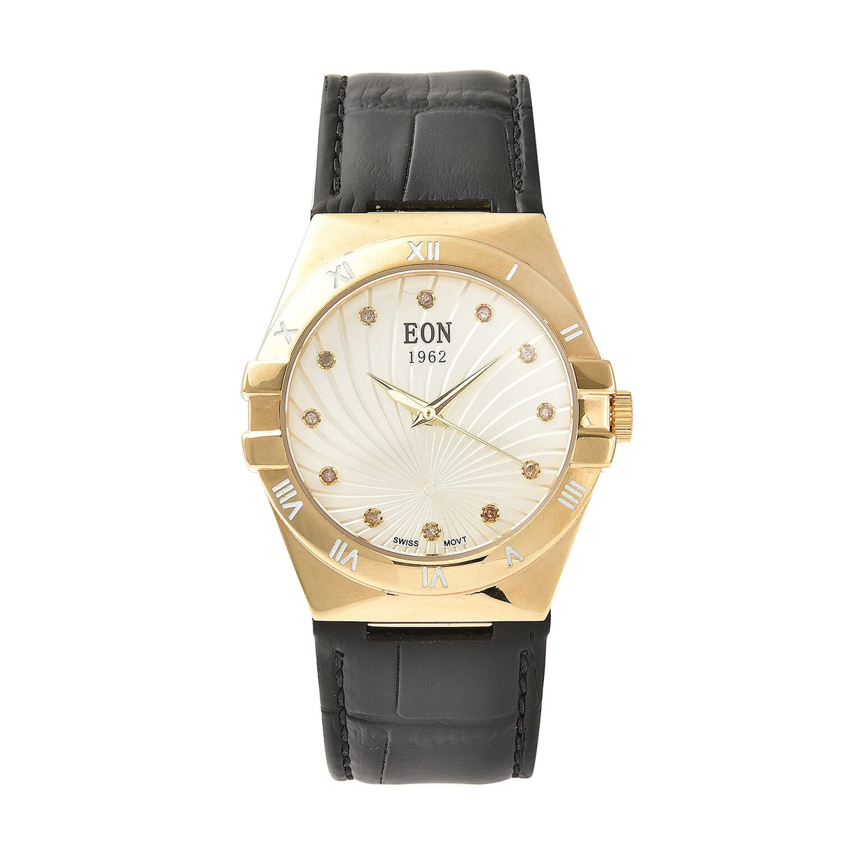 EON 1962 Swiss Movement White Dial with Yellow Gold Case 12 Natural Champagne Diamond Studded Watch with Black Leather Strap 7424563 0
