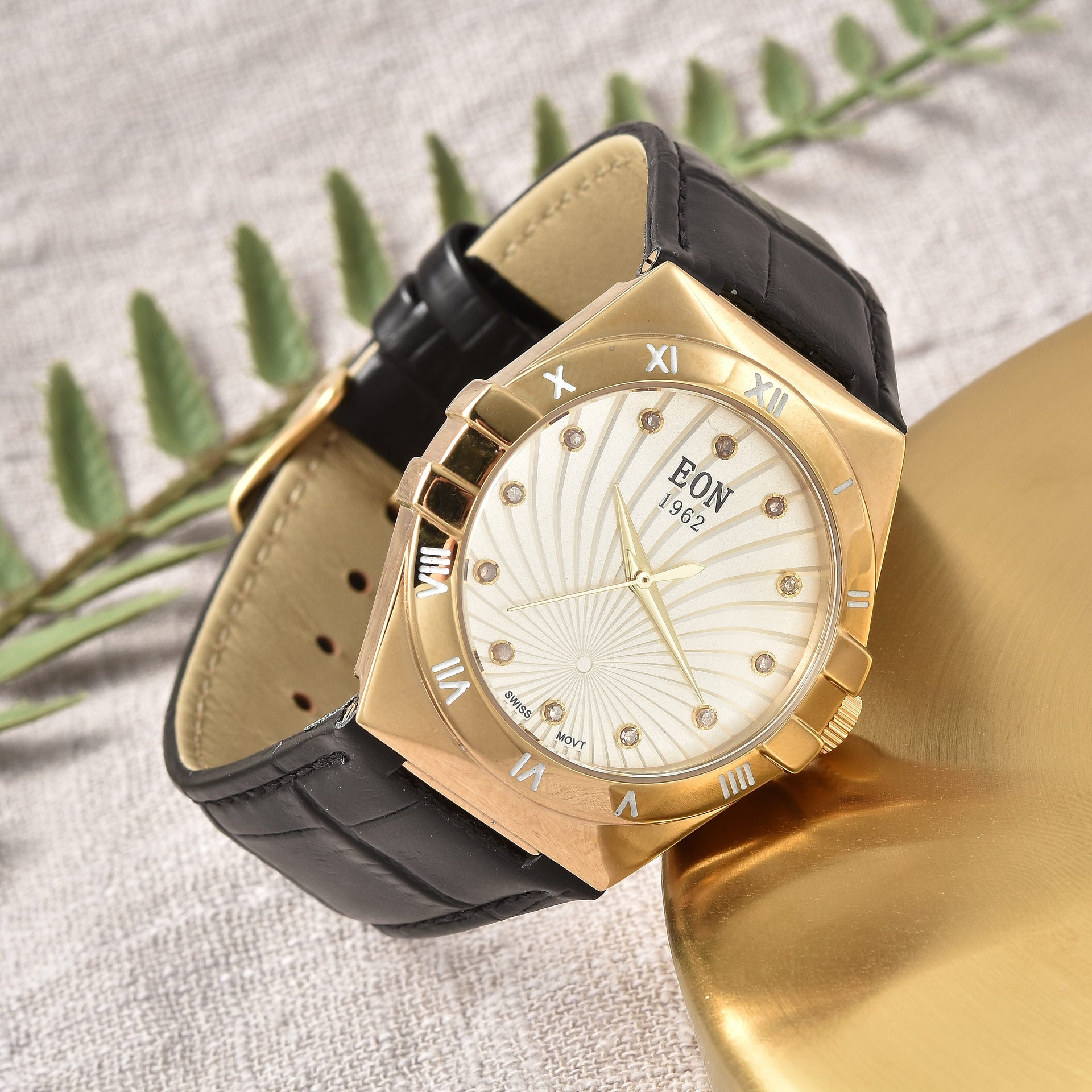 EON 1962 Swiss Movement White Dial with Yellow Gold Case 12 Natural Champagne Diamond Studded Watch with Black Leather Strap 7424563 2