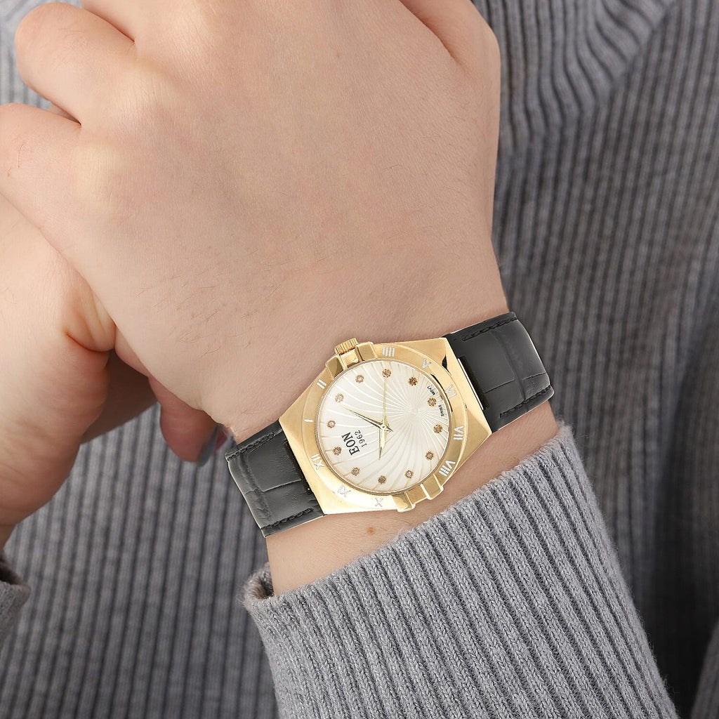 EON 1962 Swiss Movement White Dial with Yellow Gold Case 12 Natural Champagne Diamond Studded Watch with Black Leather Strap