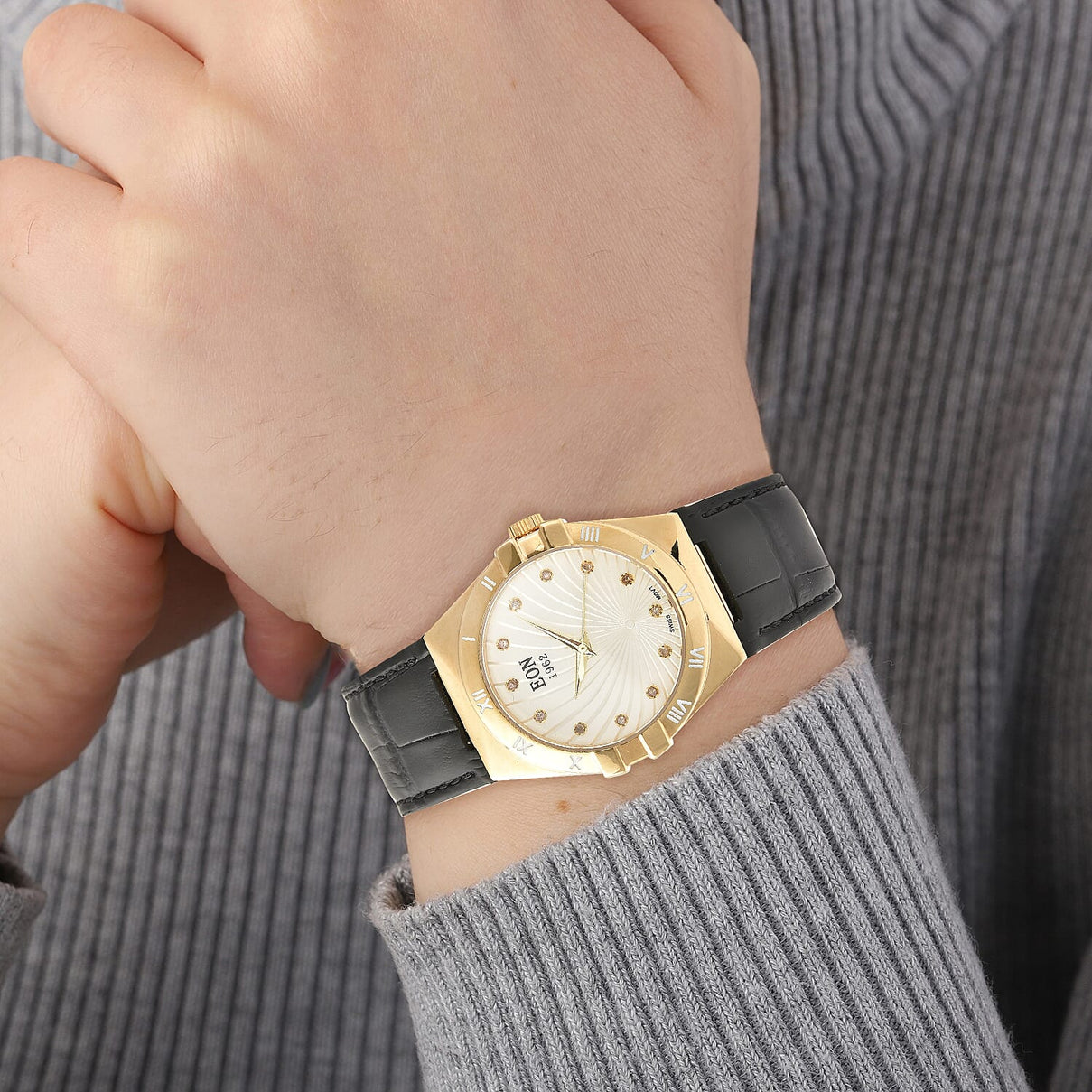 EON 1962 Swiss Movement White Dial with Yellow Gold Case 12 Natural Champagne Diamond Studded Watch with Black Leather Strap 7424563 3
