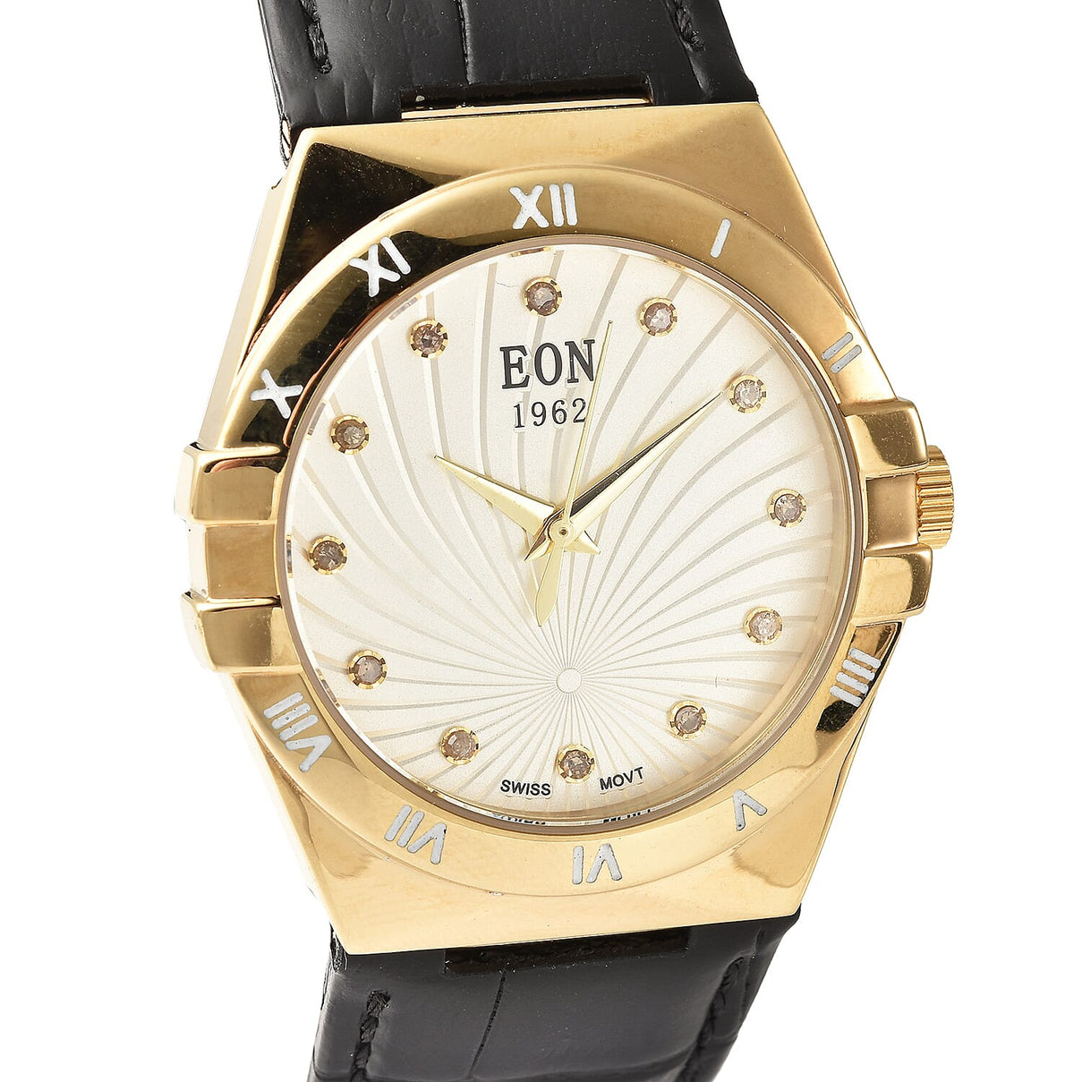 EON 1962 Swiss Movement White Dial with Yellow Gold Case 12 Natural Champagne Diamond Studded Watch with Black Leather Strap 7424563 4