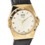 EON 1962 Swiss Movement White Dial with Yellow Gold Case 12 Natural Champagne Diamond Studded Watch with Black Leather Strap