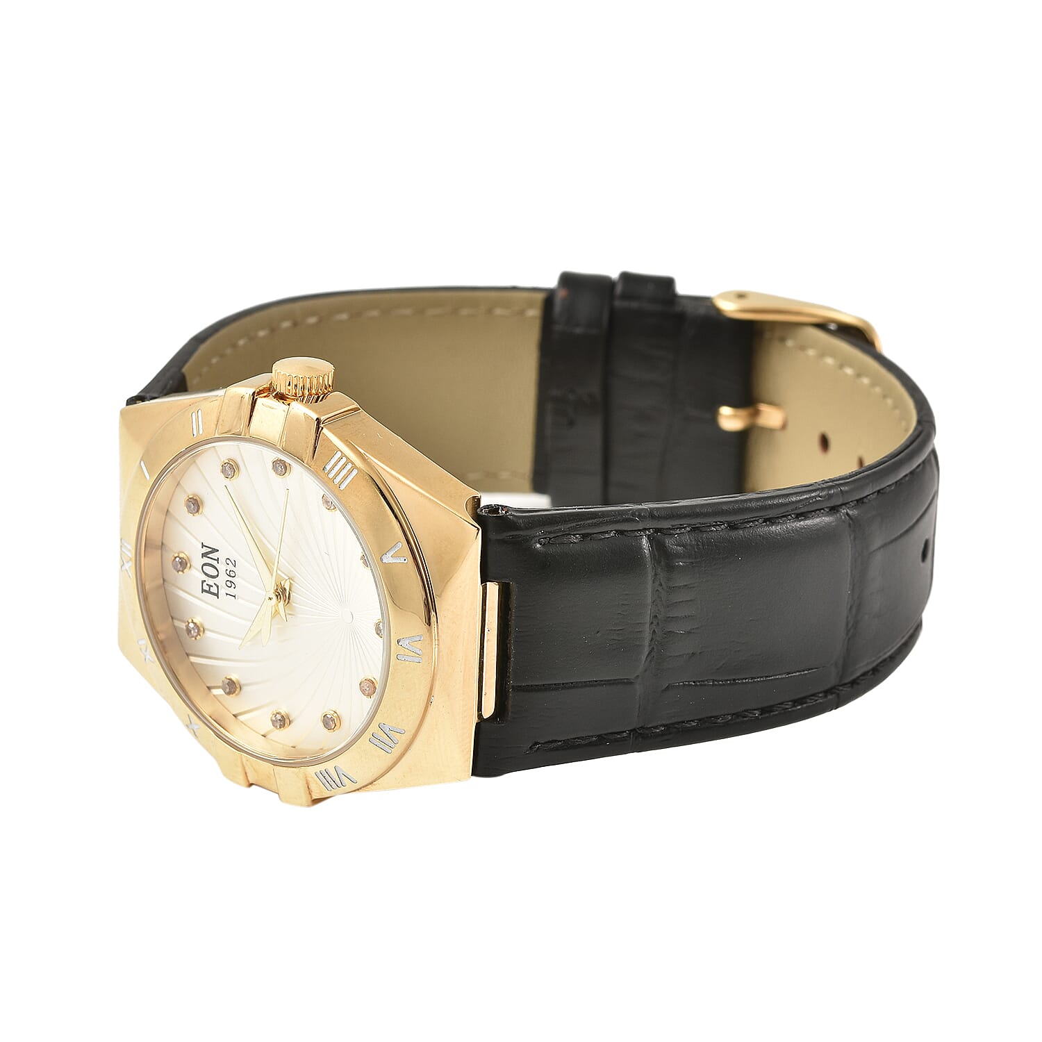 EON 1962 Swiss Movement White Dial with Yellow Gold Case 12 Natural Champagne Diamond Studded Watch with Black Leather Strap 7424563 5