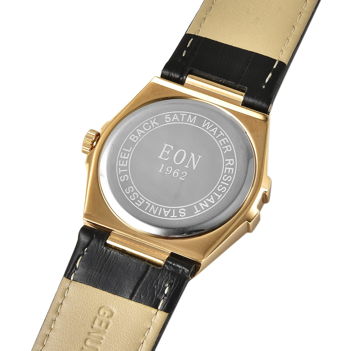EON 1962 Swiss Movement White Dial with Yellow Gold Case 12 Natural Champagne Diamond Studded Watch with Black Leather Strap 7424563 6