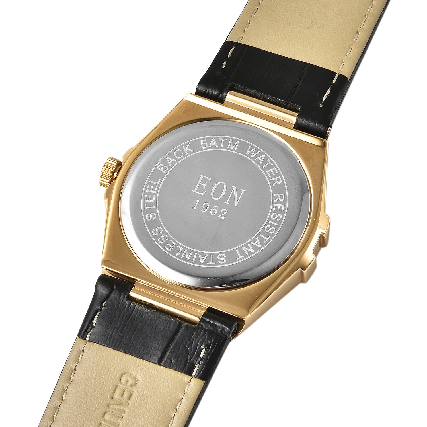 EON 1962 Swiss Movement White Dial with Yellow Gold Case 12 Natural Champagne Diamond Studded Watch with Black Leather Strap 7424563 6