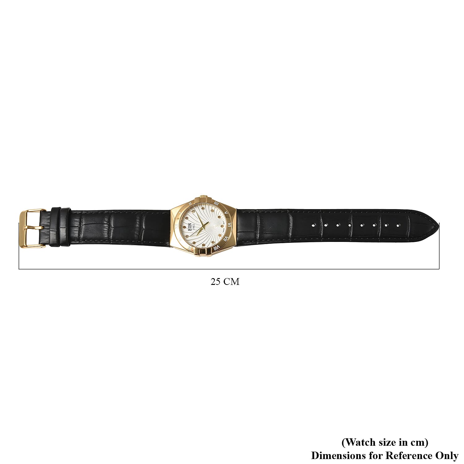 EON 1962 Swiss Movement White Dial with Yellow Gold Case 12 Natural Champagne Diamond Studded Watch with Black Leather Strap 7424563 7