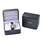 EON 1962 Swiss Movement White Dial with Yellow Gold Case 12 Natural Champagne Diamond Studded Watch with Black Leather Strap