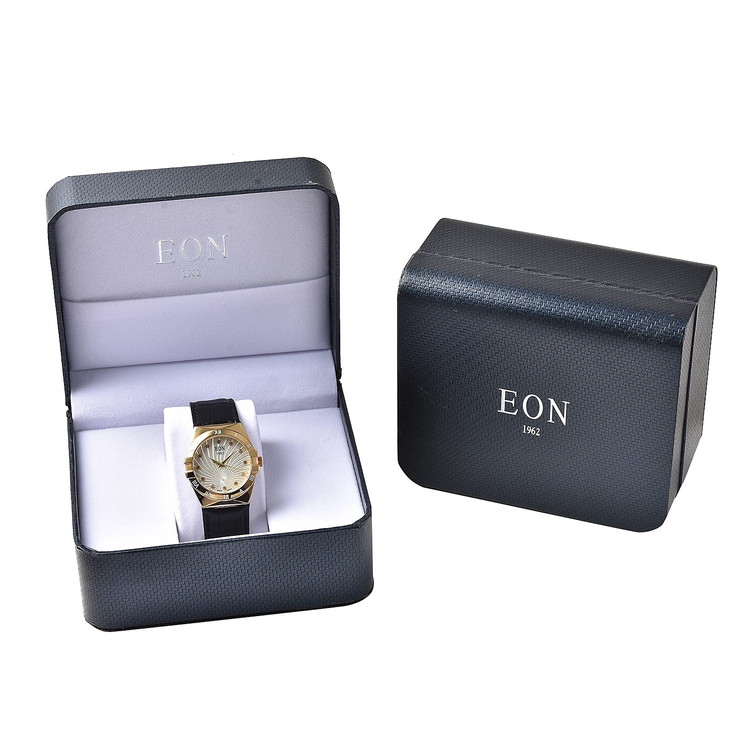EON 1962 Swiss Movement White Dial with Yellow Gold Case 12 Natural Champagne Diamond Studded Watch with Black Leather Strap 7424563 8